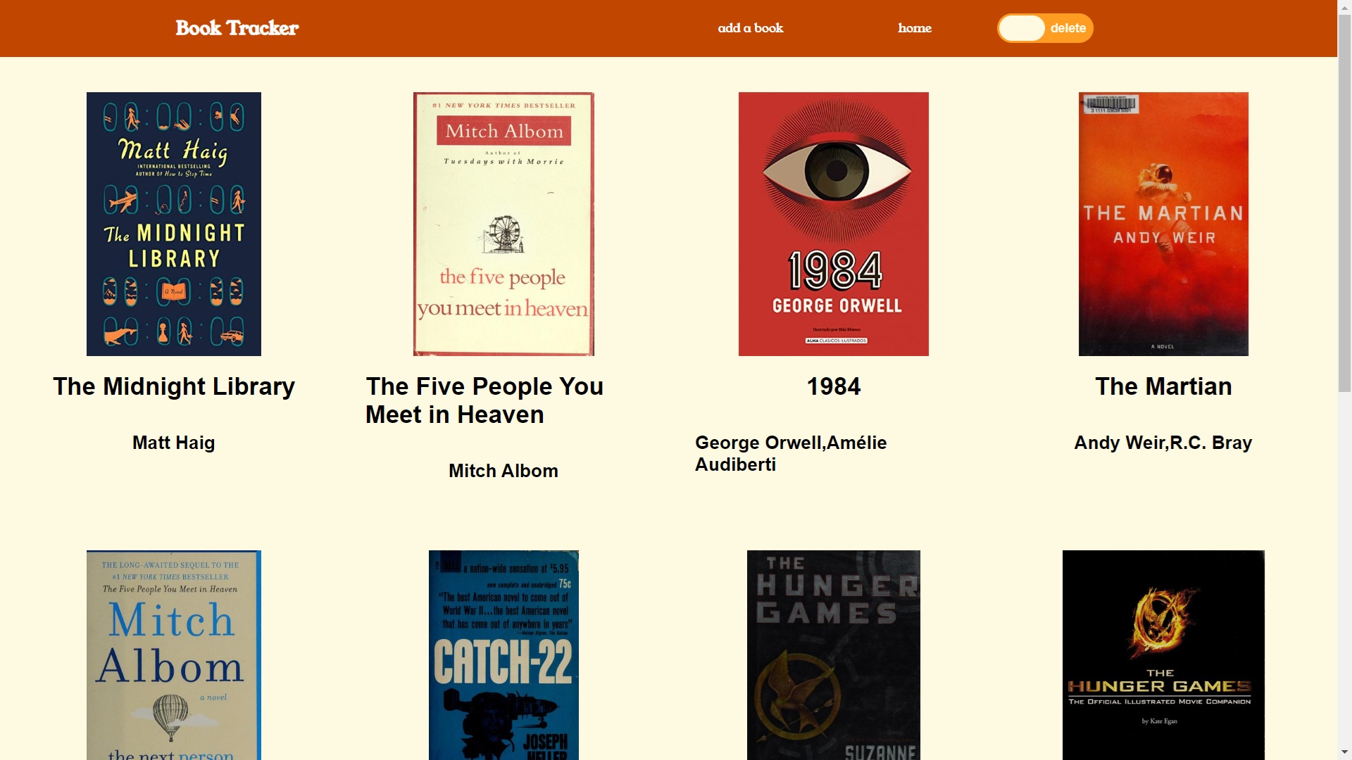 homescreen of the booktracker app